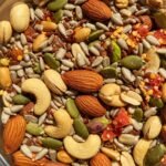 Spicy trail mix with almonds, pumpkin seeds, sunflower seeds, pistachios, flaxseeds, and red chili flakes — diabetic-friendly high-protein snack