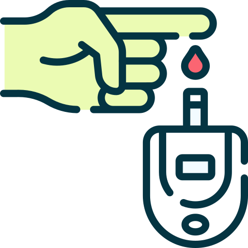 Finger prick blood test icon with glucometer – diabetes monitoring, sugar check, Diacure Clinic health support