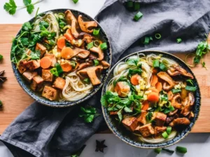 Two bowls of Asian-inspired noodle soup with tofu, mushrooms, carrots, spring onions, and fresh herbs like coriander, placed on a wooden board with a grey cloth napkin