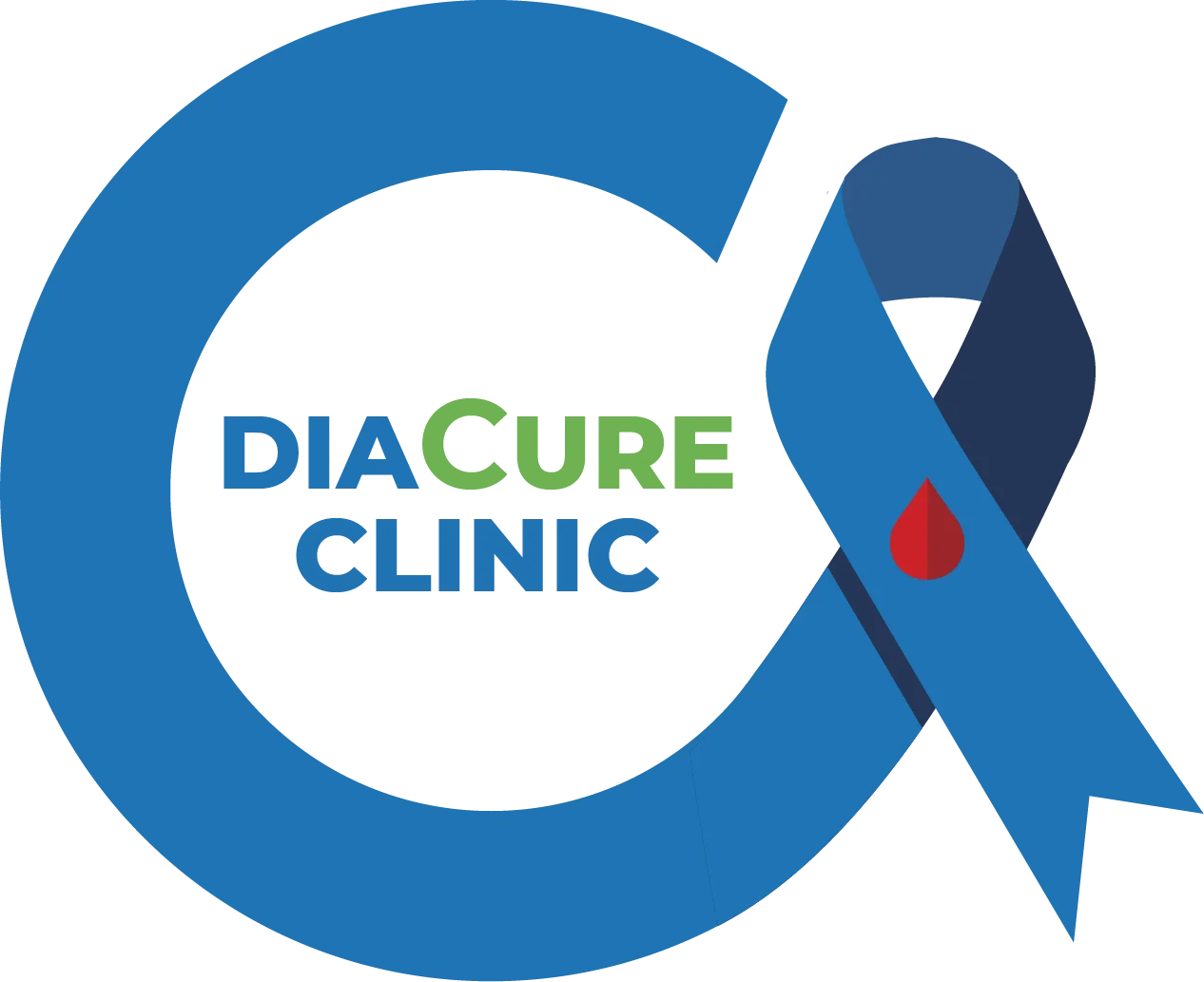 Diacure Clinic logo with a blue circular design and diabetes awareness ribbon featuring a red blood drop